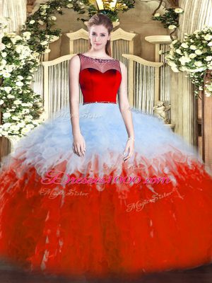 Latest White And Red Ball Gowns Ruffles Vestidos de Quinceanera Zipper Tulle Sleeveless Floor Length