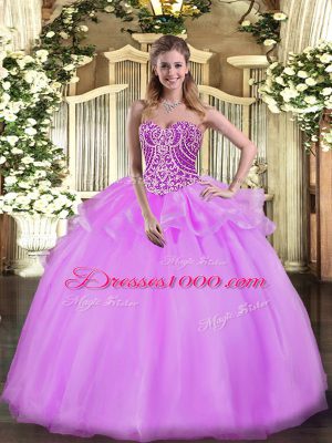 Customized Lilac Ball Gowns Beading and Ruffles Quinceanera Gowns Lace Up Tulle Sleeveless Floor Length