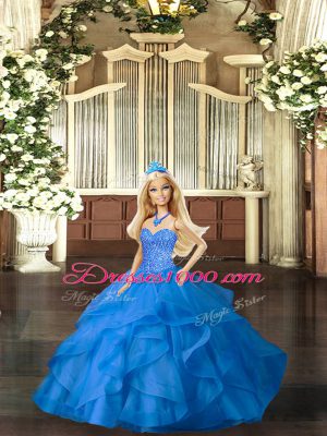 Sweetheart Sleeveless Tulle Quinceanera Gowns Beading and Ruffles Lace Up