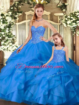 Sweetheart Sleeveless Tulle Quinceanera Gowns Beading and Ruffles Lace Up