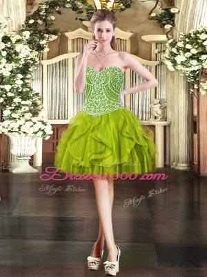 Sleeveless Tulle Mini Length Lace Up Evening Dress in Olive Green with Beading and Ruffles