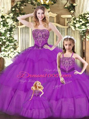 Elegant Purple Organza Lace Up Vestidos de Quinceanera Sleeveless Floor Length Ruffled Layers