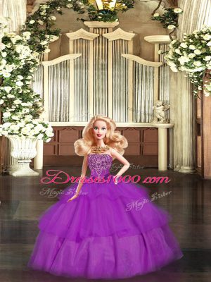 Elegant Purple Organza Lace Up Vestidos de Quinceanera Sleeveless Floor Length Ruffled Layers