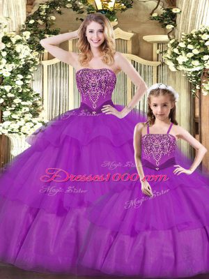 Elegant Purple Organza Lace Up Vestidos de Quinceanera Sleeveless Floor Length Ruffled Layers
