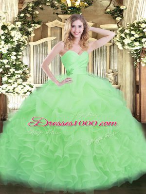 Apple Green Lace Up Sweetheart Beading and Ruffles Ball Gown Prom Dress Organza Sleeveless