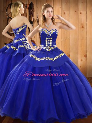 Colorful Blue Ball Gowns Tulle Sweetheart Sleeveless Ruffles Floor Length Lace Up Quinceanera Gowns