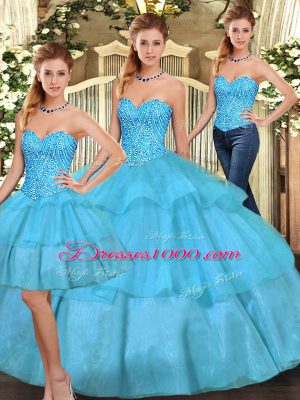 Adorable Aqua Blue Three Pieces Organza Sweetheart Sleeveless Beading and Ruffled Layers Floor Length Lace Up Sweet 16 Dresses