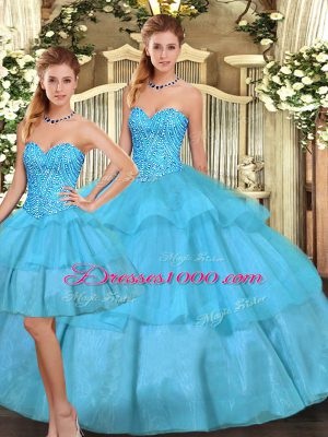Adorable Aqua Blue Three Pieces Organza Sweetheart Sleeveless Beading and Ruffled Layers Floor Length Lace Up Sweet 16 Dresses
