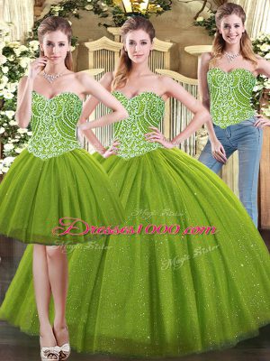 Sweetheart Sleeveless Lace Up Vestidos de Quinceanera Olive Green Tulle