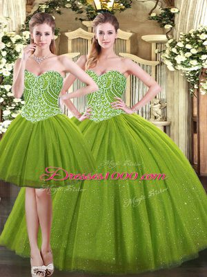 Sweetheart Sleeveless Lace Up Vestidos de Quinceanera Olive Green Tulle
