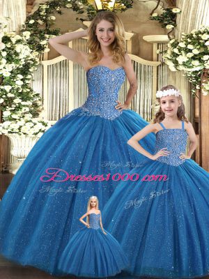 Deluxe Teal Sleeveless Tulle Lace Up Vestidos de Quinceanera for Military Ball and Sweet 16 and Quinceanera