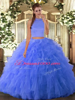 Floor Length Two Pieces Sleeveless Blue Vestidos de Quinceanera Backless