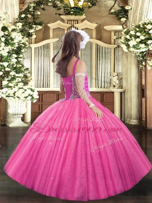 Beauteous Coral Red Ball Gowns Beading Girls Pageant Dresses Lace Up Tulle Sleeveless Floor Length