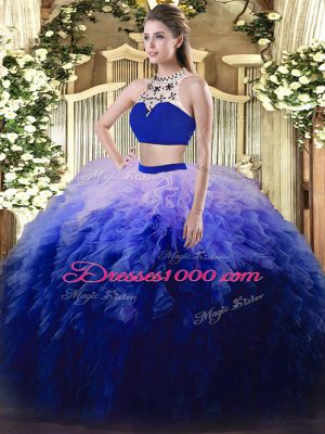 Fantastic Multi-color Two Pieces Tulle High-neck Sleeveless Beading and Ruffles Floor Length Backless Quinceanera Dress
