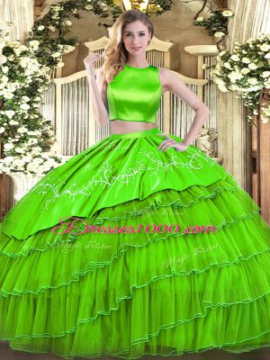 High-neck Sleeveless Tulle Quinceanera Dress Embroidery and Ruffled Layers Criss Cross