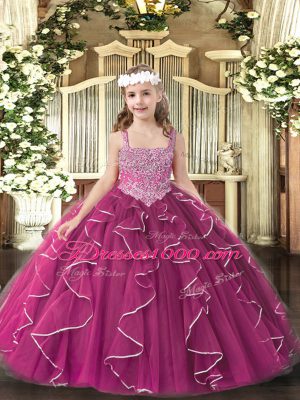 Fuchsia Lace Up Little Girls Pageant Dress Beading and Ruffles Sleeveless Floor Length