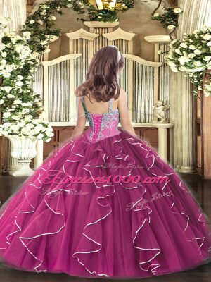 Fuchsia Lace Up Little Girls Pageant Dress Beading and Ruffles Sleeveless Floor Length