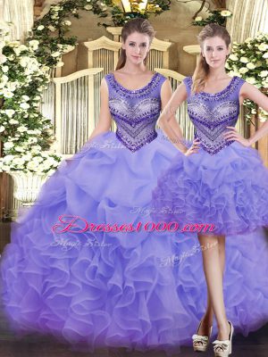 Lavender Scoop Neckline Beading and Ruffles Sweet 16 Dress Sleeveless Lace Up