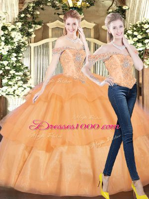 Orange Red Sleeveless Organza Lace Up 15 Quinceanera Dress for Military Ball and Sweet 16 and Quinceanera