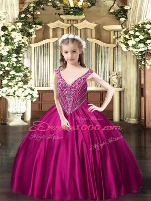 Superior Fuchsia V-neck Neckline Beading Girls Pageant Dresses Sleeveless Lace Up