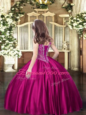 Superior Fuchsia V-neck Neckline Beading Girls Pageant Dresses Sleeveless Lace Up