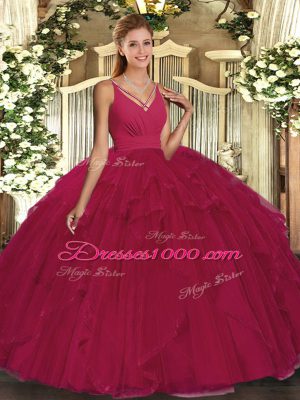 Stylish Floor Length Hot Pink Vestidos de Quinceanera V-neck Sleeveless Backless