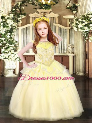 Floor Length Zipper Kids Pageant Dress Light Yellow for Party and Quinceanera with Beading