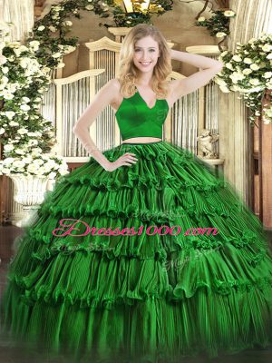 Excellent Floor Length Green 15 Quinceanera Dress Organza Sleeveless Ruffled Layers