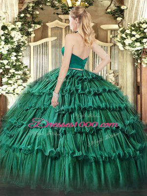 Excellent Floor Length Green 15 Quinceanera Dress Organza Sleeveless Ruffled Layers