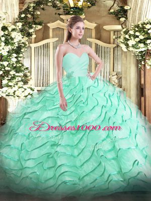 Luxurious Sleeveless Beading and Ruffled Layers Lace Up Quince Ball Gowns with Apple Green Brush Train
