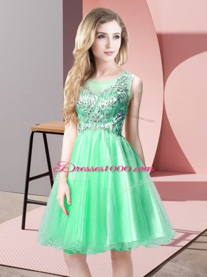 Captivating Sleeveless Tulle Knee Length Zipper Prom Dress in Apple Green with Beading