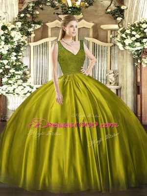 Olive Green Satin Backless V-neck Sleeveless Floor Length 15 Quinceanera Dress Beading and Lace