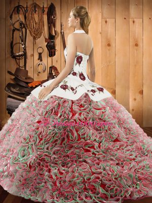 Sleeveless Embroidery Lace Up Sweet 16 Dresses with Multi-color Sweep Train