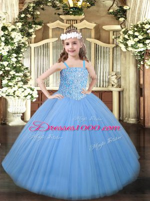 Baby Blue Lace Up Straps Beading High School Pageant Dress Tulle Sleeveless