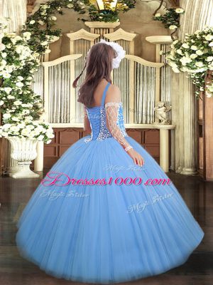 Baby Blue Lace Up Straps Beading High School Pageant Dress Tulle Sleeveless