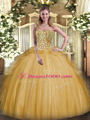 Lovely Organza Sweetheart Sleeveless Lace Up Beading and Ruffles Quinceanera Gowns in Gold