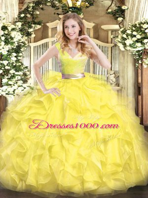 Yellow Sleeveless Beading and Ruffles Floor Length Sweet 16 Dresses with Shawl