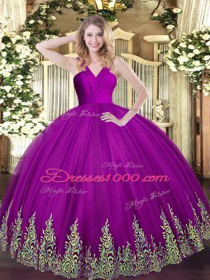 Sleeveless Tulle Floor Length Zipper Quinceanera Dress in Fuchsia with Appliques