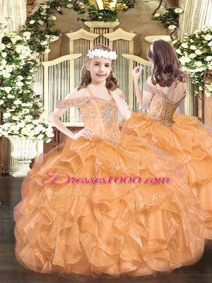 Great Orange Red Tulle Lace Up Off The Shoulder Sleeveless Floor Length Sweet 16 Dress Beading and Ruffles