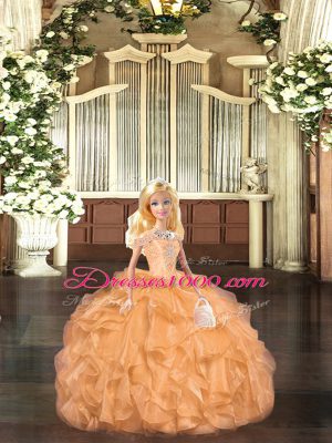 Great Orange Red Tulle Lace Up Off The Shoulder Sleeveless Floor Length Sweet 16 Dress Beading and Ruffles