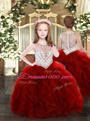 Modern Scoop Sleeveless High School Pageant Dress Floor Length Beading and Ruffles Wine Red Organza