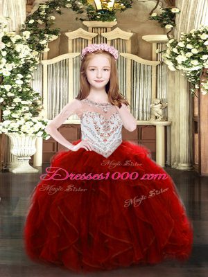 Modern Scoop Sleeveless High School Pageant Dress Floor Length Beading and Ruffles Wine Red Organza