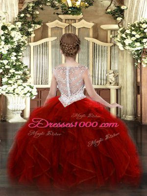 Modern Scoop Sleeveless High School Pageant Dress Floor Length Beading and Ruffles Wine Red Organza