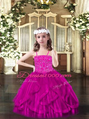 Fuchsia Tulle Lace Up Spaghetti Straps Sleeveless Floor Length Girls Pageant Dresses Beading and Ruffles