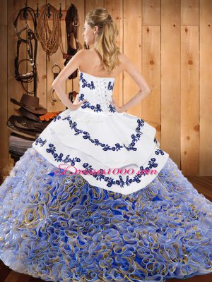 Fitting Multi-color Satin and Fabric With Rolling Flowers Lace Up Strapless Sleeveless With Train Ball Gown Prom Dress Sweep Train Embroidery