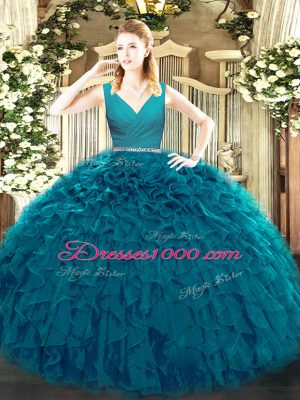 Tulle Sleeveless Floor Length Quinceanera Gowns and Beading and Ruffles