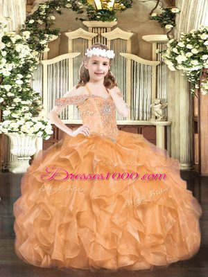 Perfect Orange Ball Gowns Beading and Ruffles Girls Pageant Dresses Lace Up Organza Sleeveless Floor Length