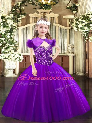 Purple Ball Gowns Tulle Straps Sleeveless Beading Floor Length Lace Up Glitz Pageant Dress