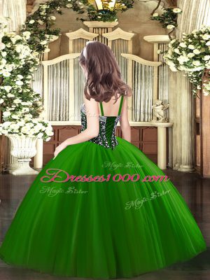 Purple Ball Gowns Tulle Straps Sleeveless Beading Floor Length Lace Up Glitz Pageant Dress