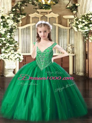 Green Lace Up Pageant Dress Toddler Beading Sleeveless Floor Length